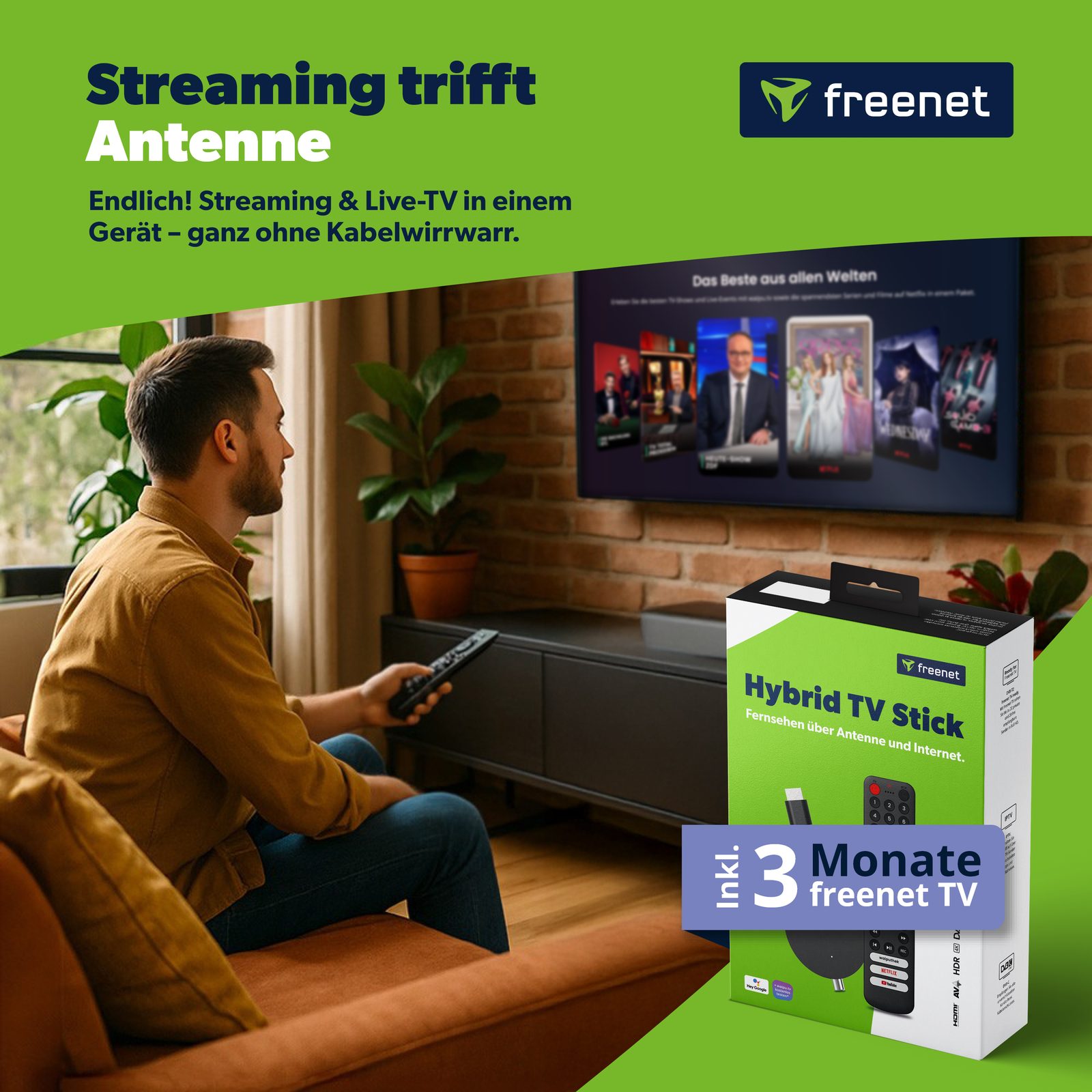 Werbemotiv für den freenet Hybrid TV Stick: Streaming und Antenne in einem Gerät